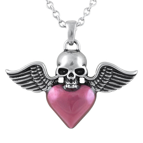 Winged Skull Heart Necklace Pink Enamel Gothic Pendant