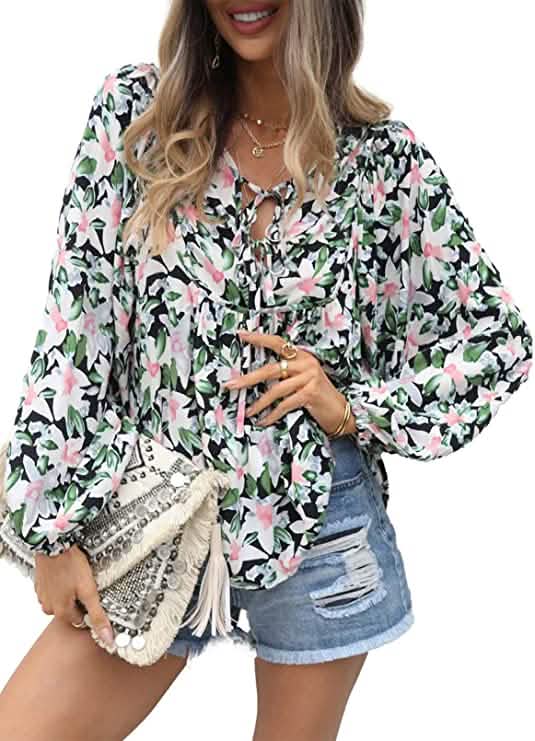 Women's Casual Boho Floral Print V Neck Long Sleeve Top