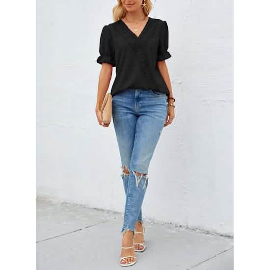 Women's Casual Lace Pom Pom V Neck Chiffon Short Sleeve Top