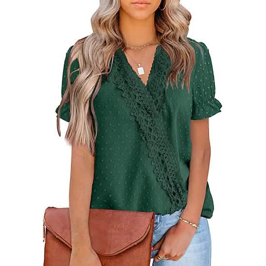 Women's Casual Lace Pom Pom V Neck Chiffon Short Sleeve Top