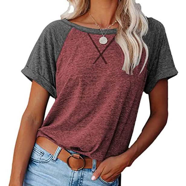 Camisetas raglán de manga corta con cuello redondo para mujer