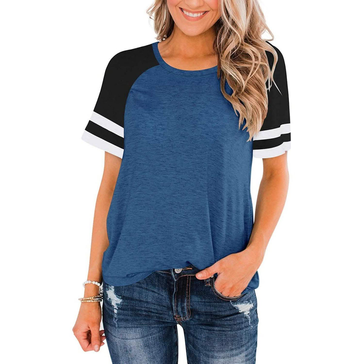 Camisetas de manga corta para mujer, cuello redondo, bloques de color