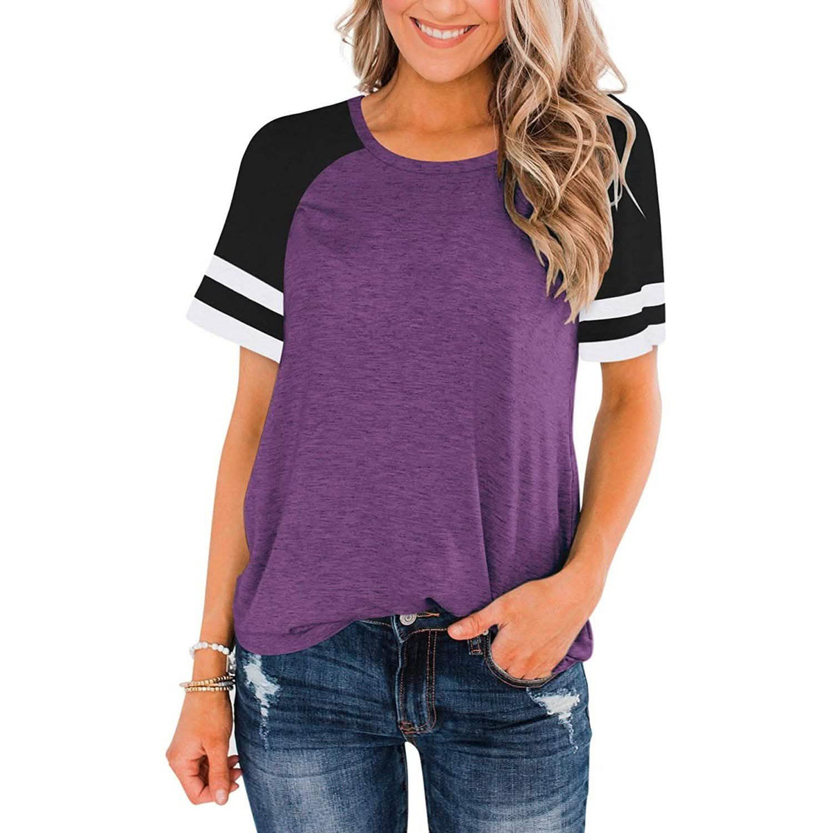Camisetas de manga corta para mujer, cuello redondo, bloques de color