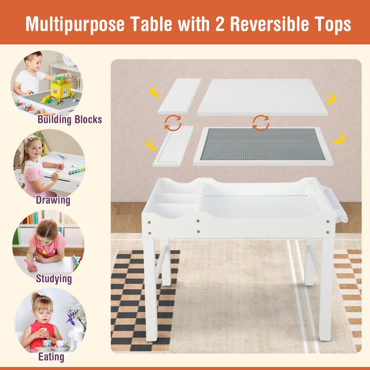 Wooden Kids Multi Activity Play Table with Storage Paper Roll