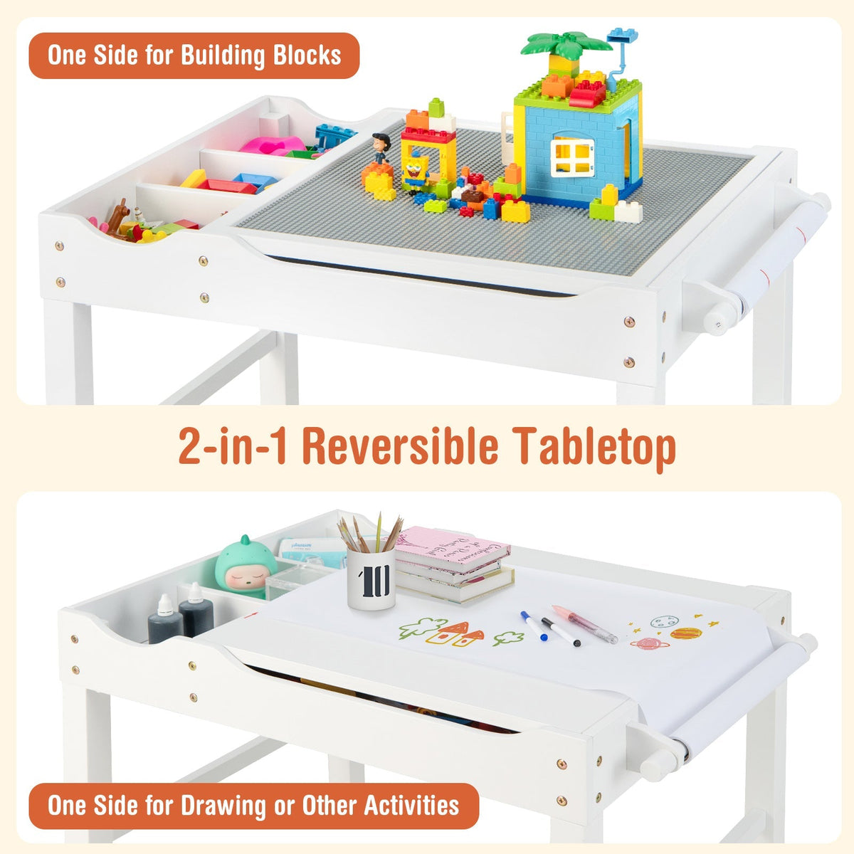 Wooden Kids Multi Activity Play Table with Storage Paper Roll