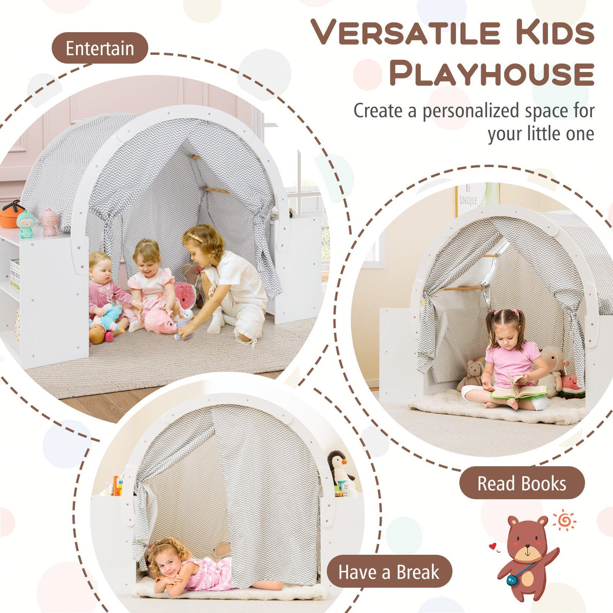 Wooden Kids Play Tent with Curtain Shades and 8 Cubbies-White