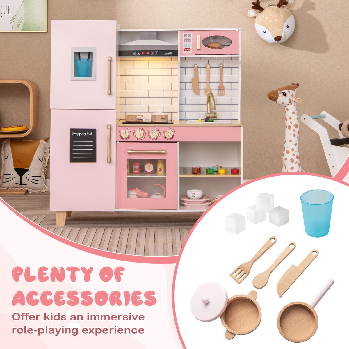 Wooden Pretend Play Kitchen with Ice Maker Range Hood and Blackboard-Pink
