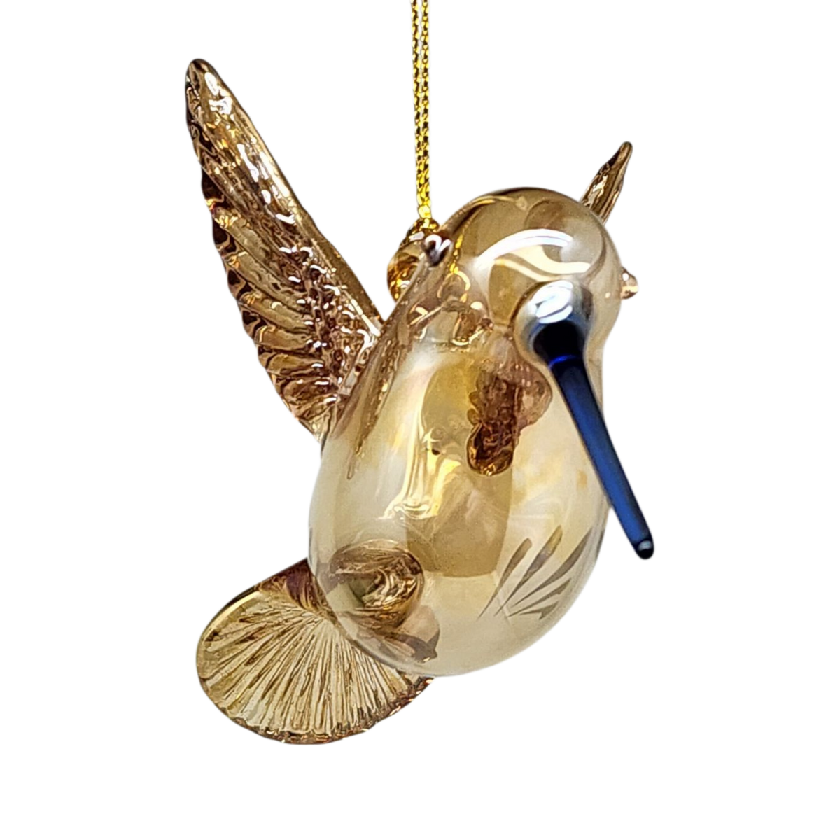 Gold Etched Glass Hummingbird Ornament - Golden