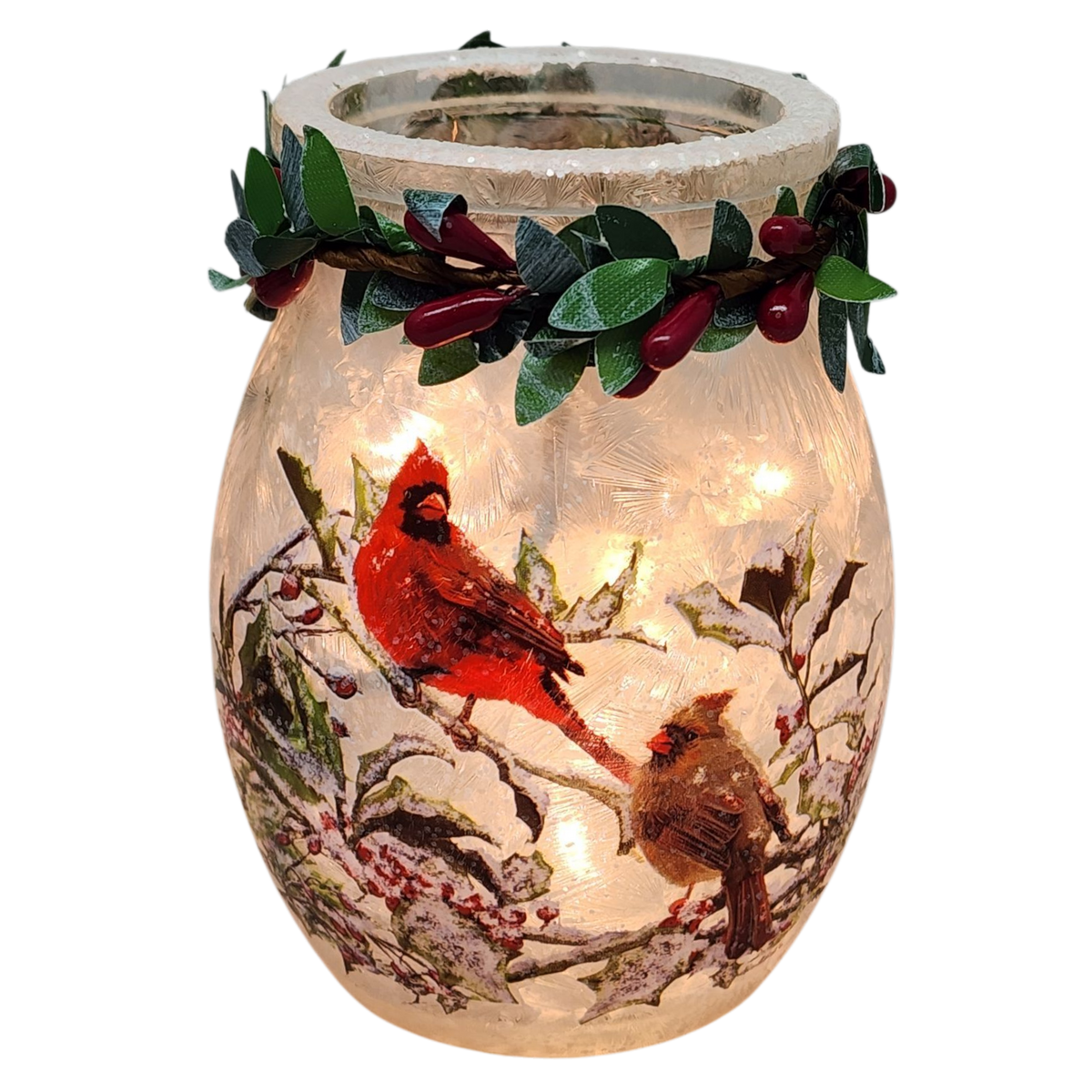 Lighted Glass Jar with Garland - Holly & Cardinals