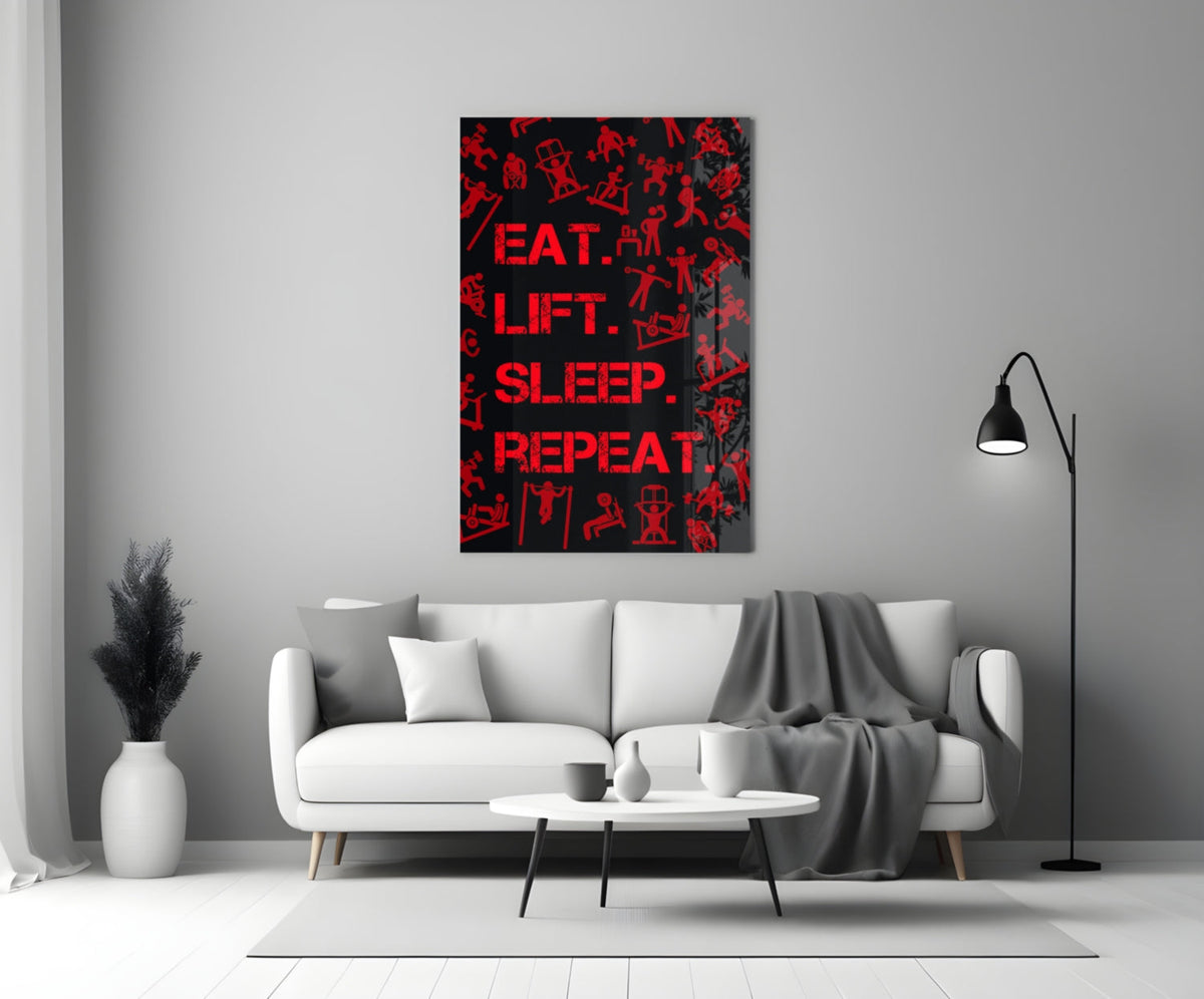 Red Gym Icons Eat Lift Sleep Repeat Glass Wall Art