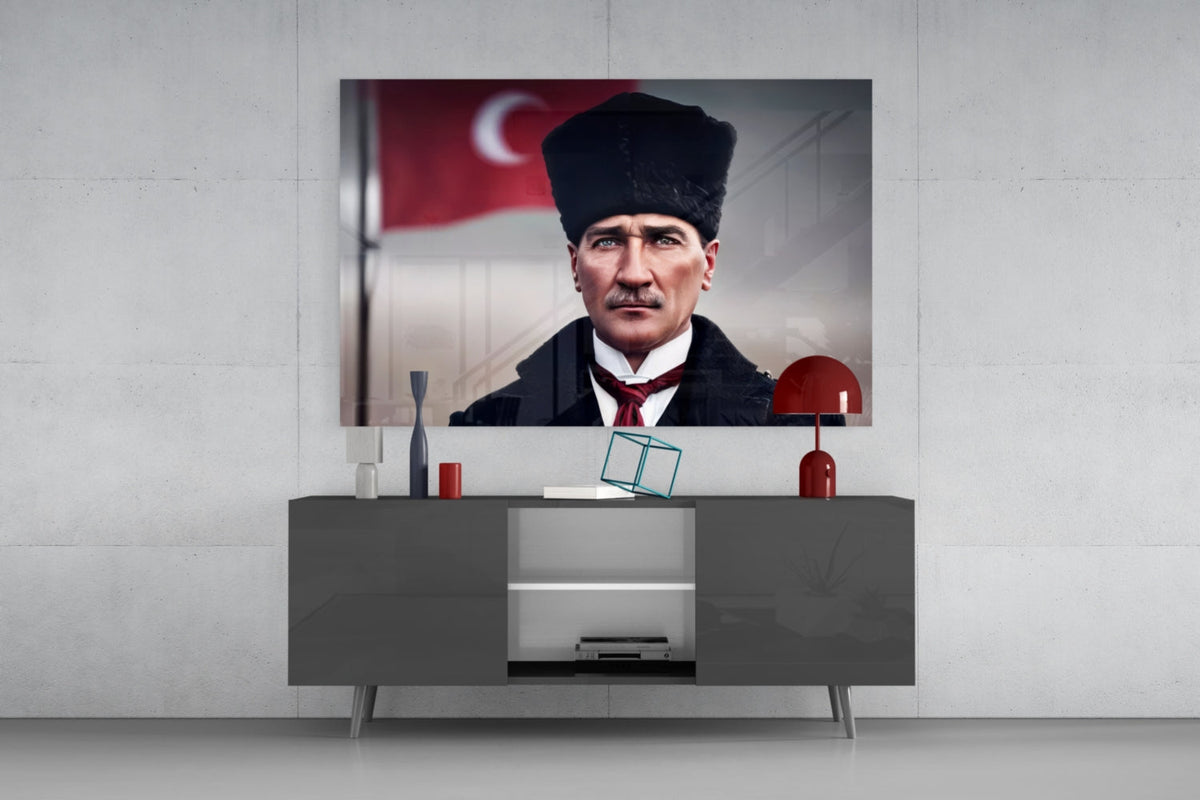 Atatürk with Turkish Flag Glass Wall Art