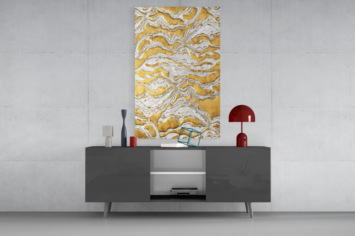 White and Gold Waves Glass Wall Art