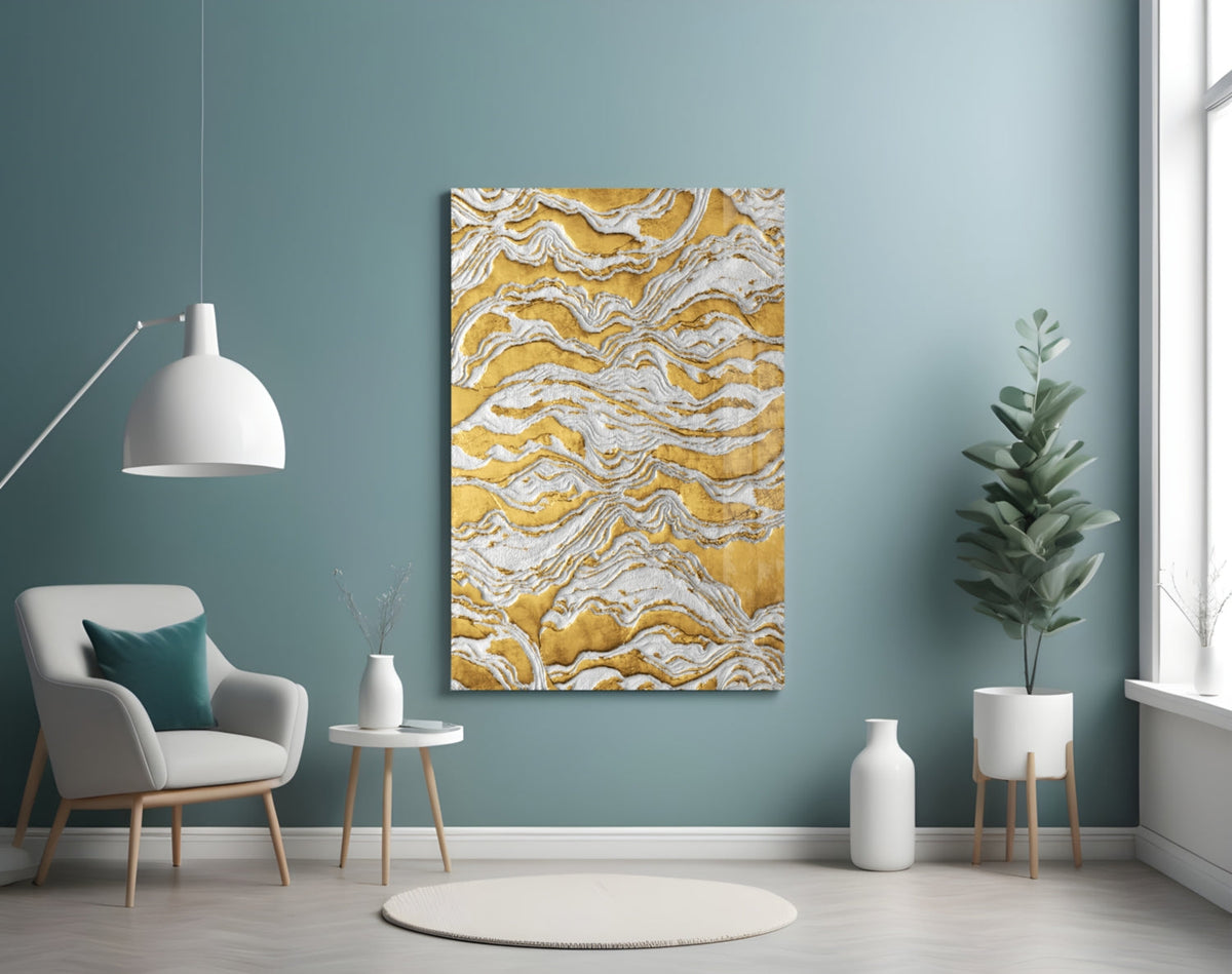 White and Gold Waves Glass Wall Art