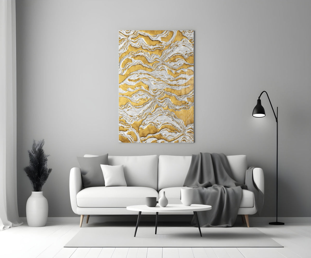 White and Gold Waves Glass Wall Art