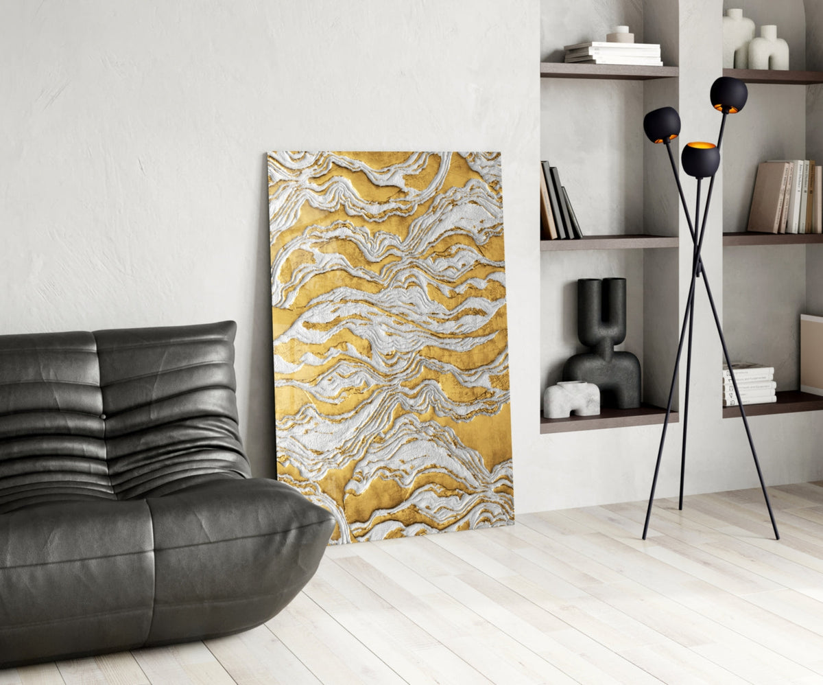 White and Gold Waves Glass Wall Art