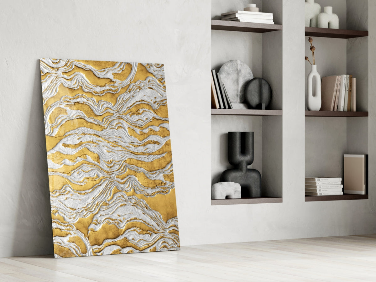White and Gold Waves Glass Wall Art