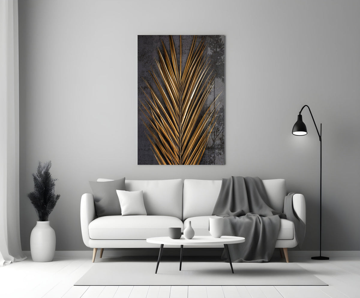 Golden Bronze Palm Frond Areca Bunch Glass Wall Art