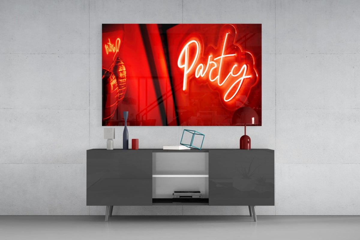 Red Neon Party Sign Glass Wall Art