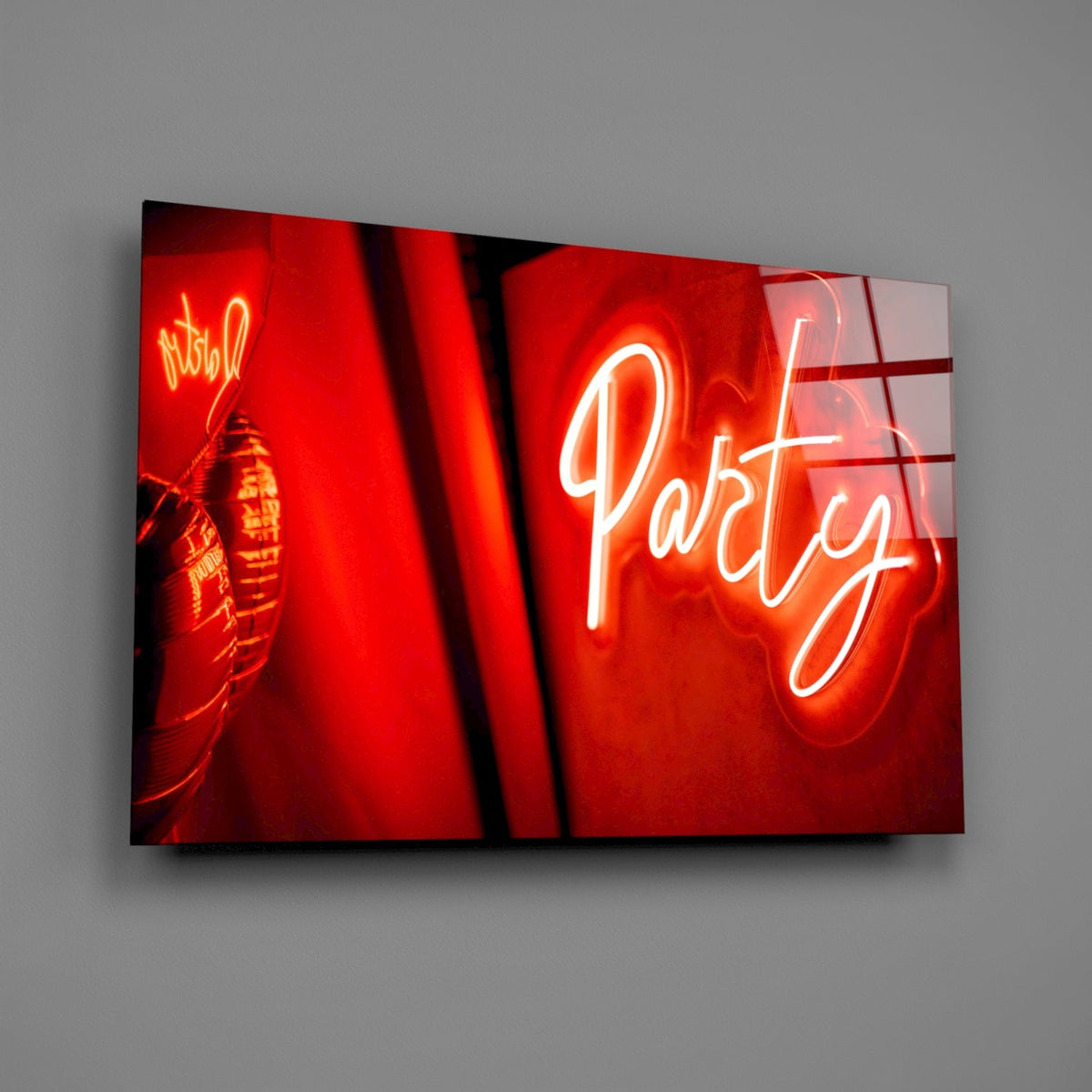 Red Neon Party Sign Glass Wall Art
