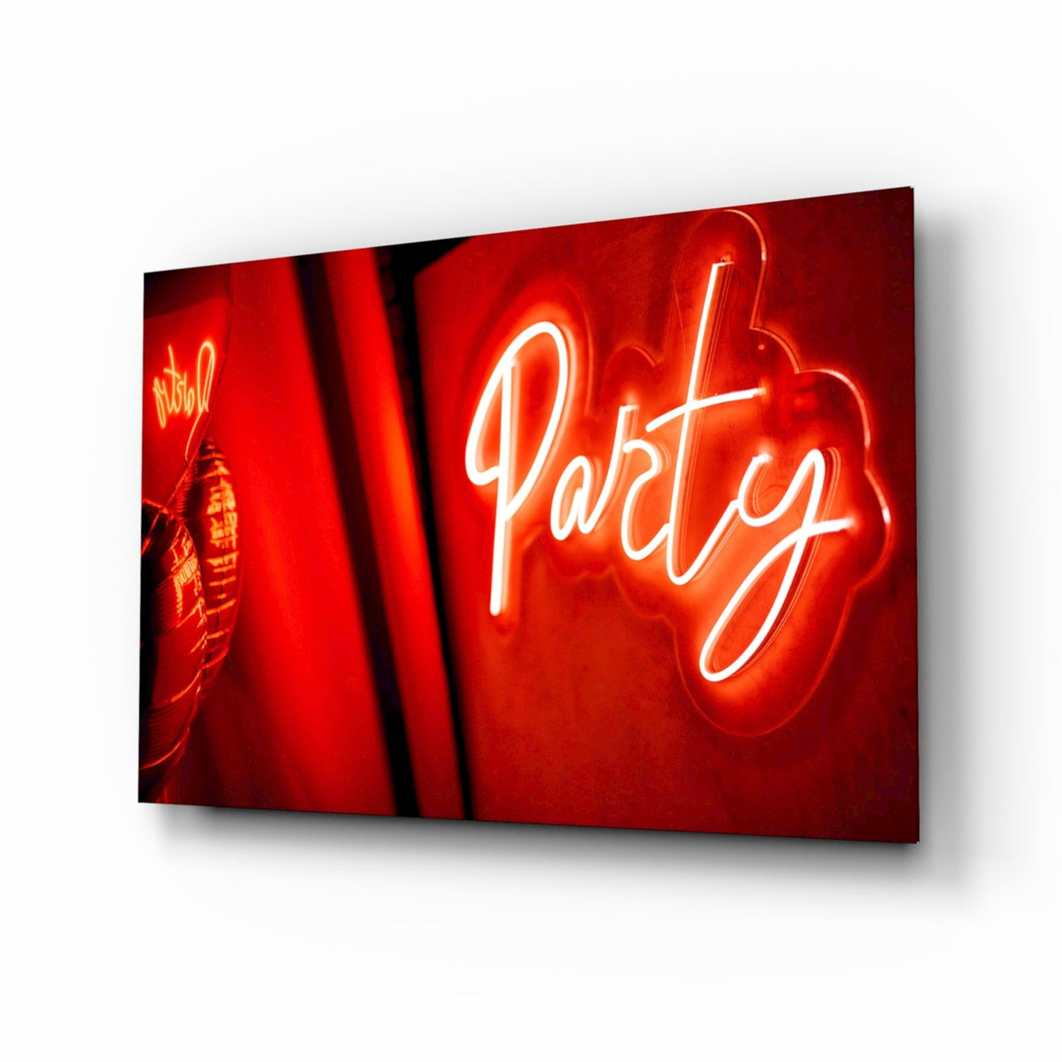 Red Neon Party Sign Glass Wall Art