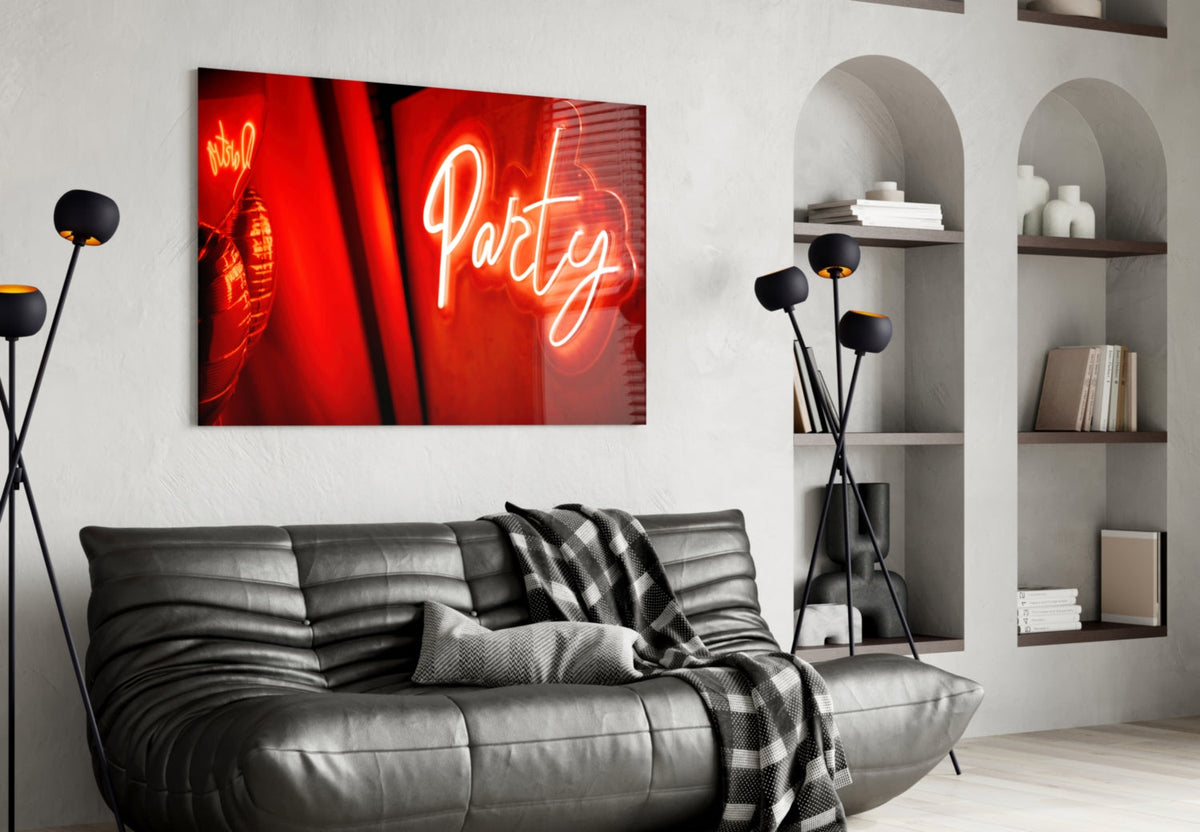 Red Neon Party Sign Glass Wall Art
