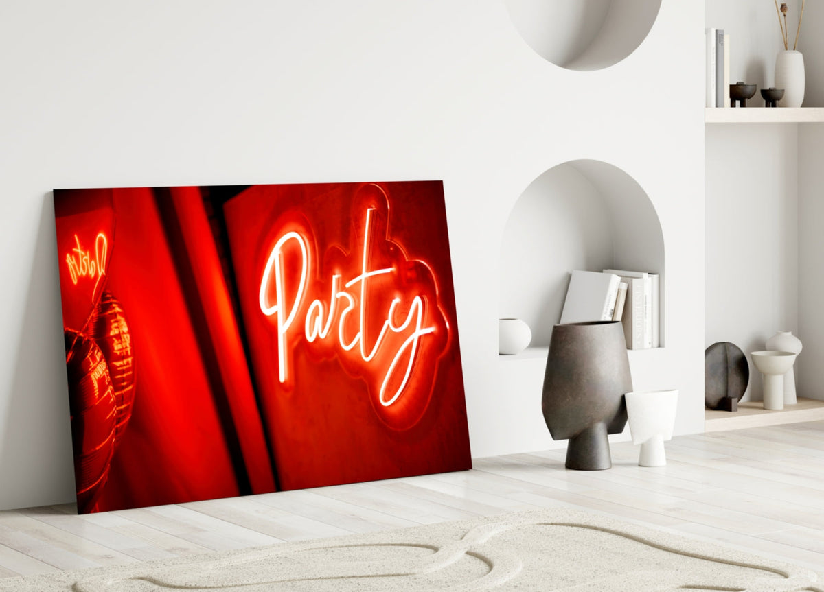 Red Neon Party Sign Glass Wall Art