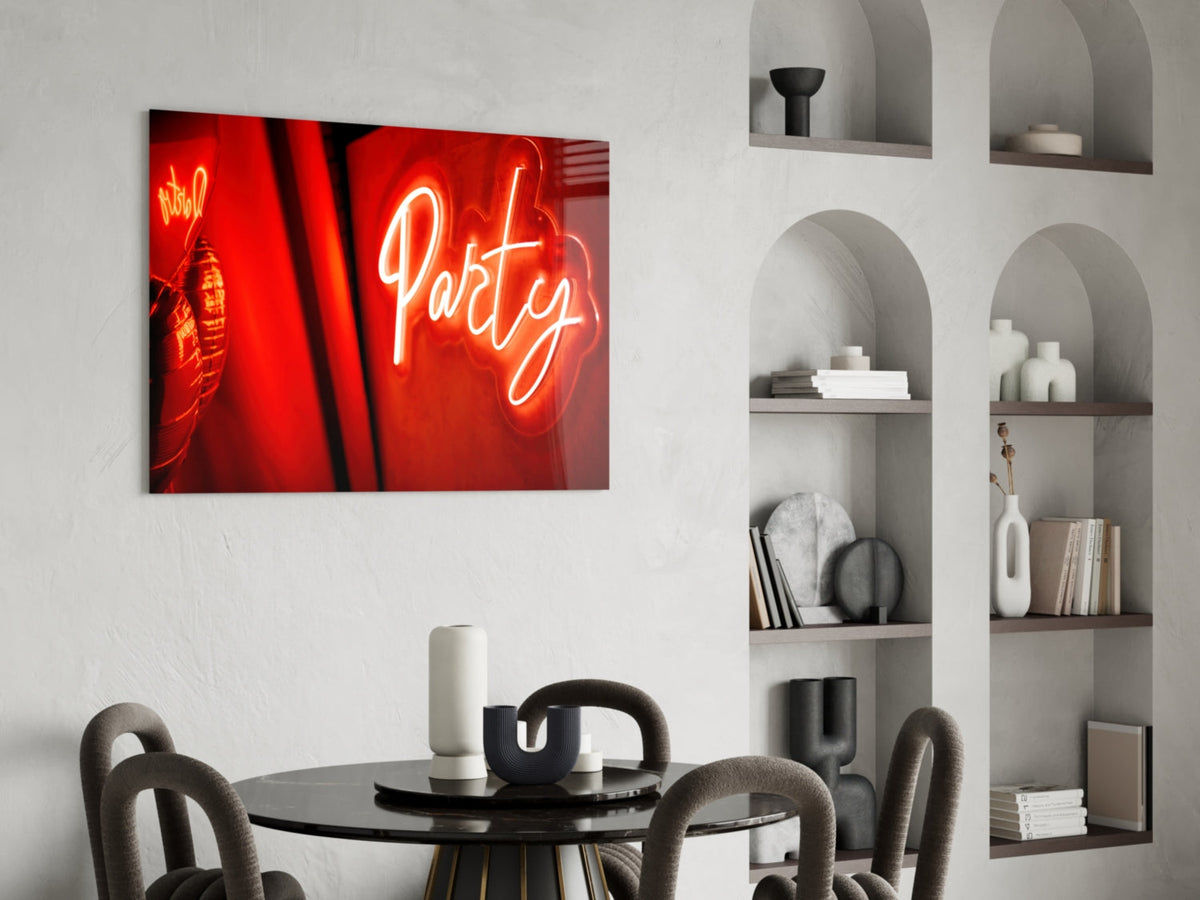 Red Neon Party Sign Glass Wall Art