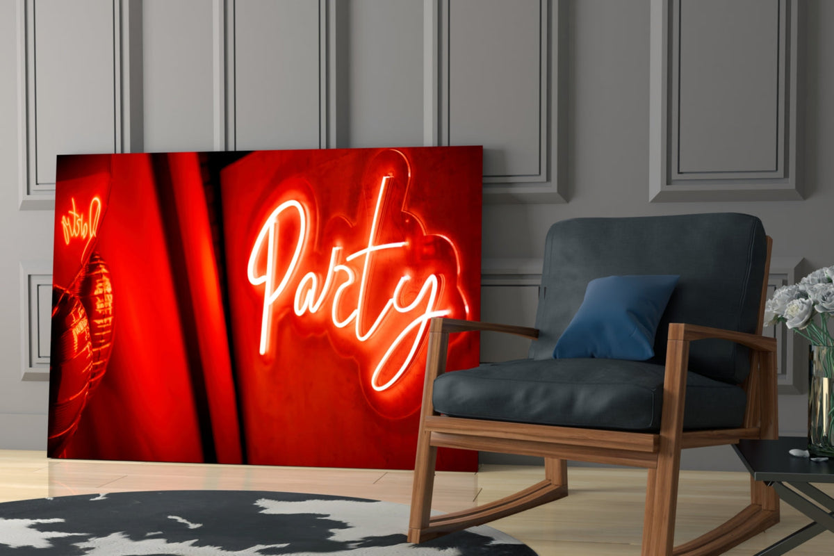 Red Neon Party Sign Glass Wall Art