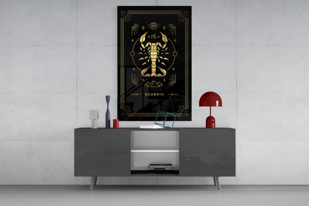 Gold Scorpio Zodiac Card on Black Glass Wall Art