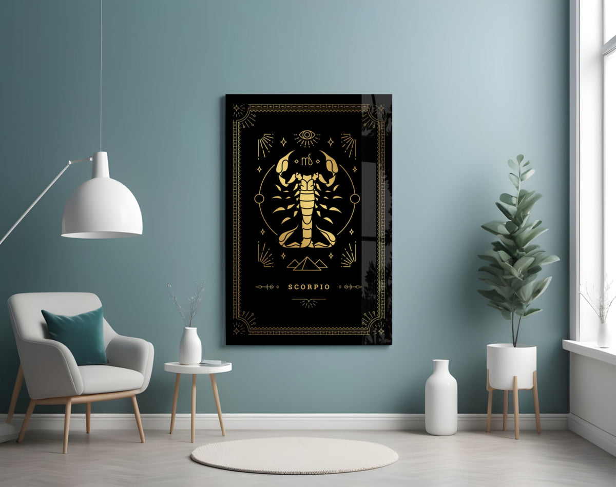 Gold Scorpio Zodiac Card on Black Glass Wall Art
