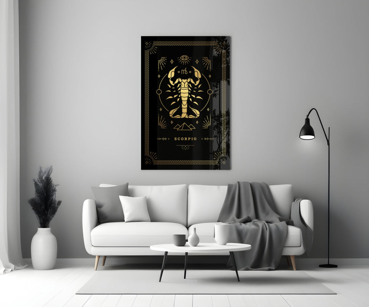 Gold Scorpio Zodiac Card on Black Glass Wall Art