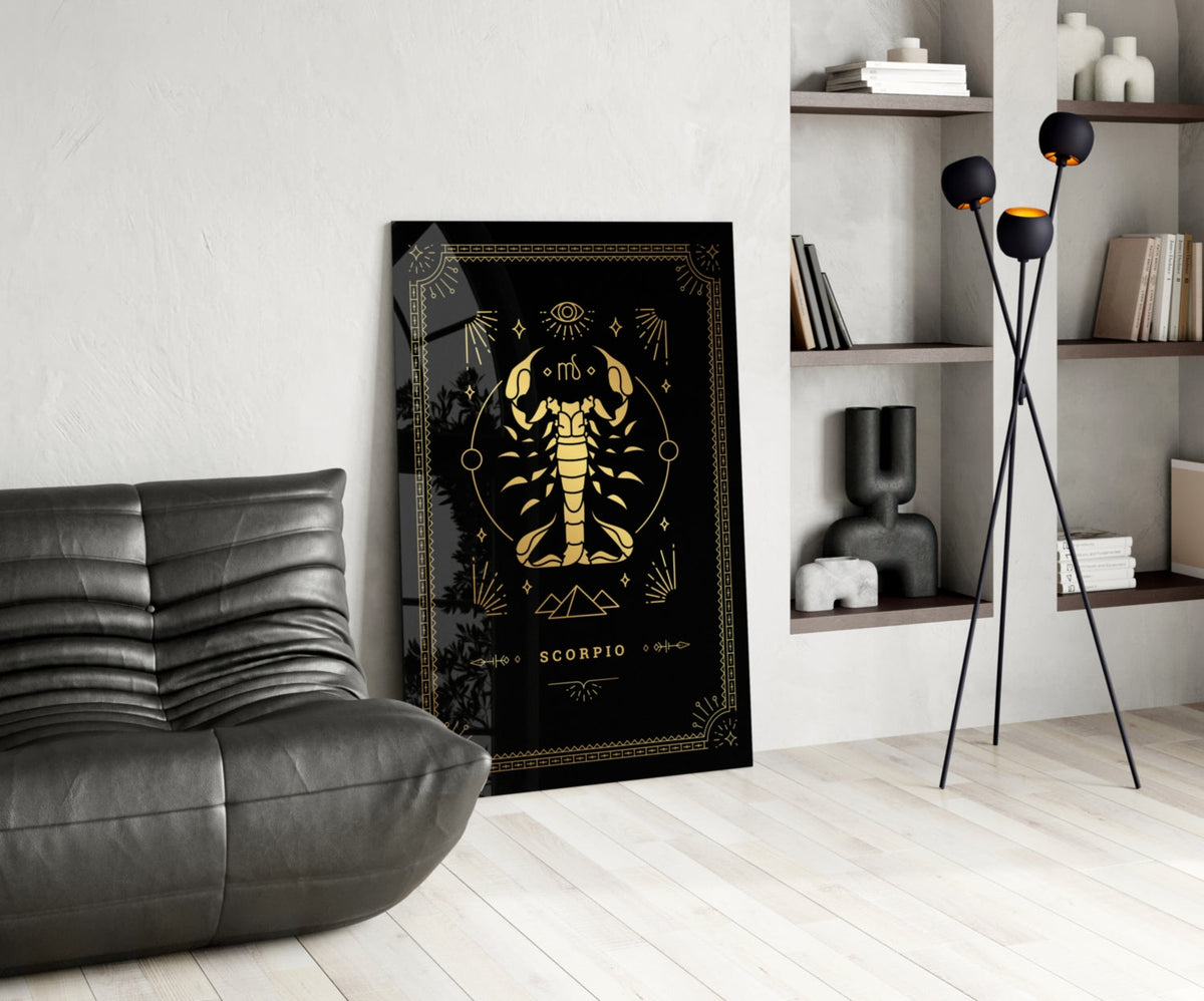 Gold Scorpio Zodiac Card on Black Glass Wall Art
