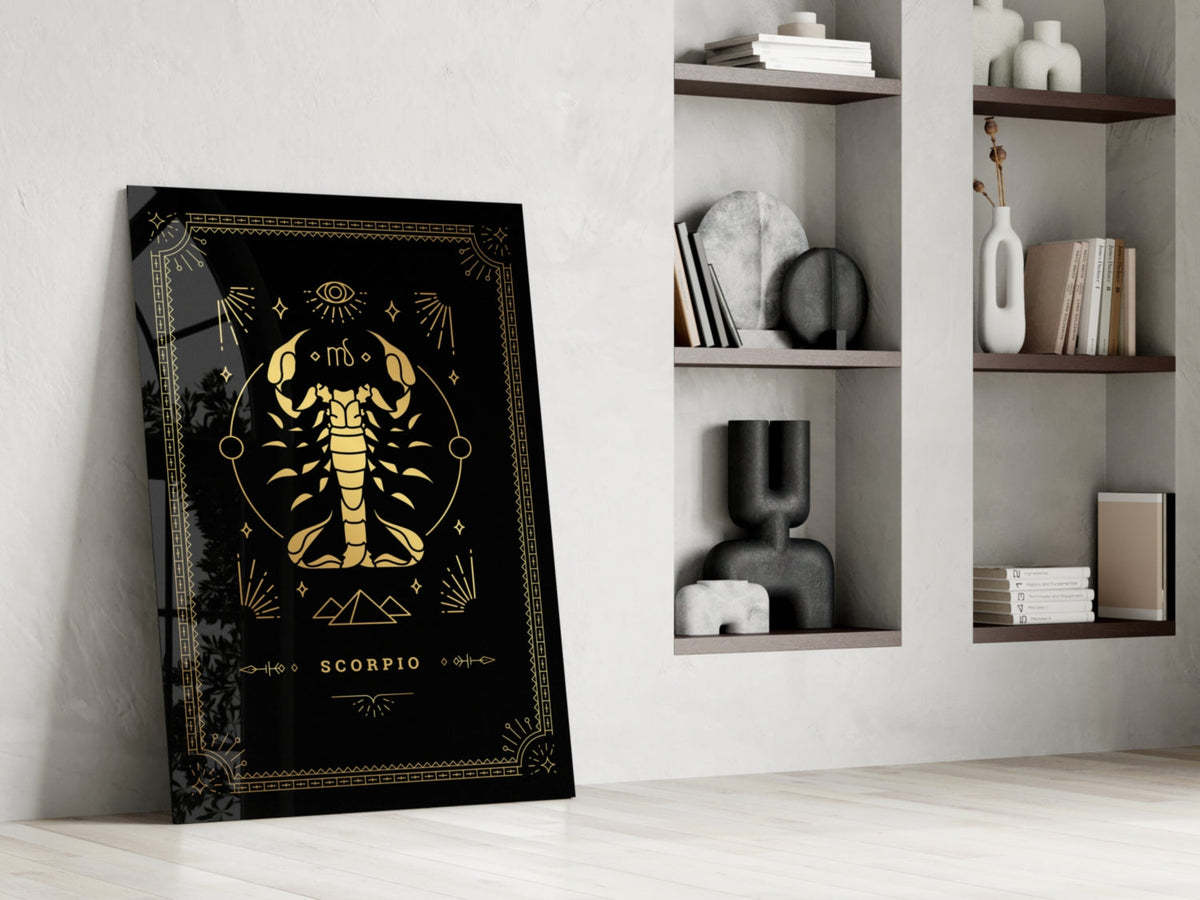 Gold Scorpio Zodiac Card on Black Glass Wall Art