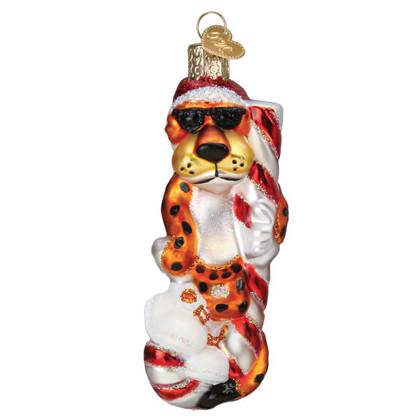 Chester Cheetah On Candy Cane Glass Ornament